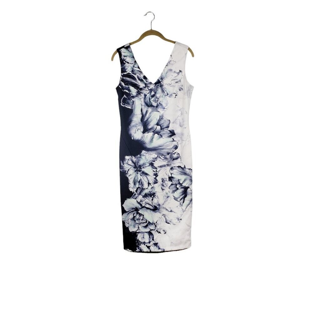Coast Midi Sheath Dress Blue White Split Floral Sleeveless UK Size 12/US Size 8